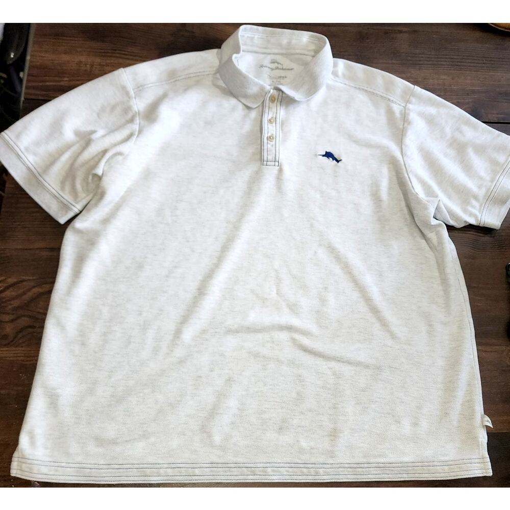 Tommy Bahama Supima Collard Short Sleeve Polo Gray Cream Heathered Shirt Large
